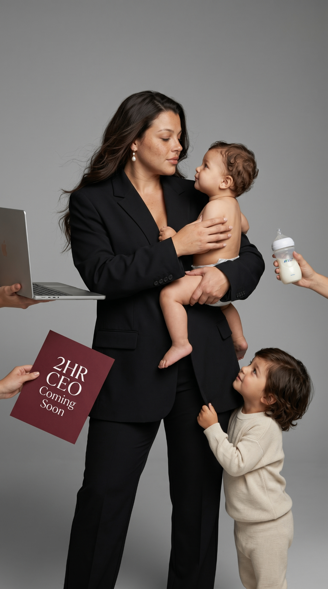 Paula in a black suit holding her baby with her toddler beside her, a laptop and bottle held out by helping hands, and a burgundy '2HR CEO Coming Soon' sign