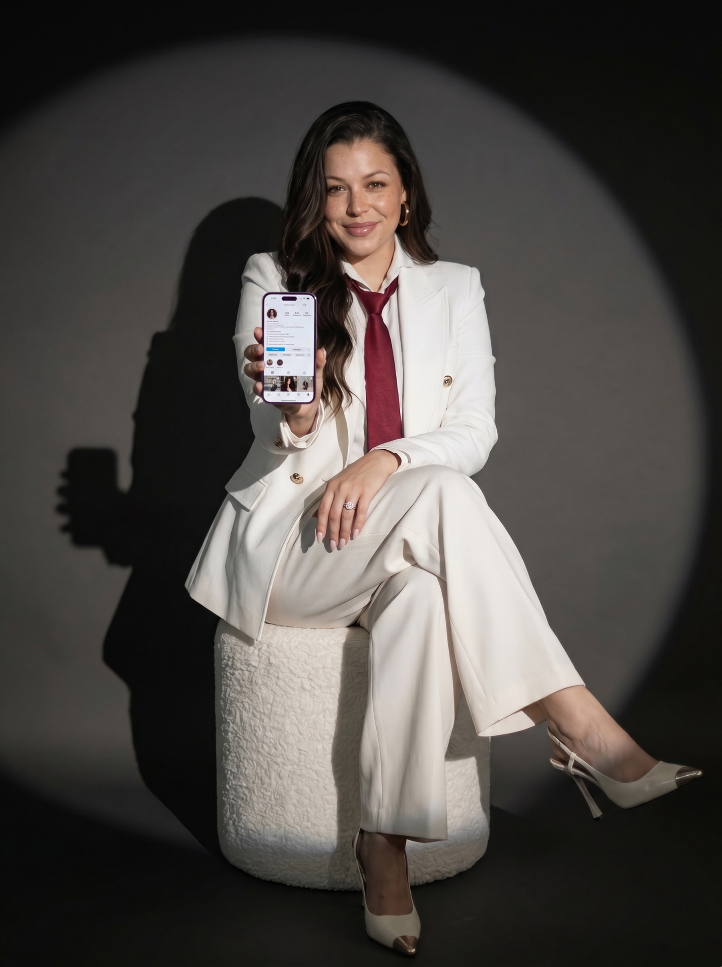 Paula seated while holding a phone with her profile visible